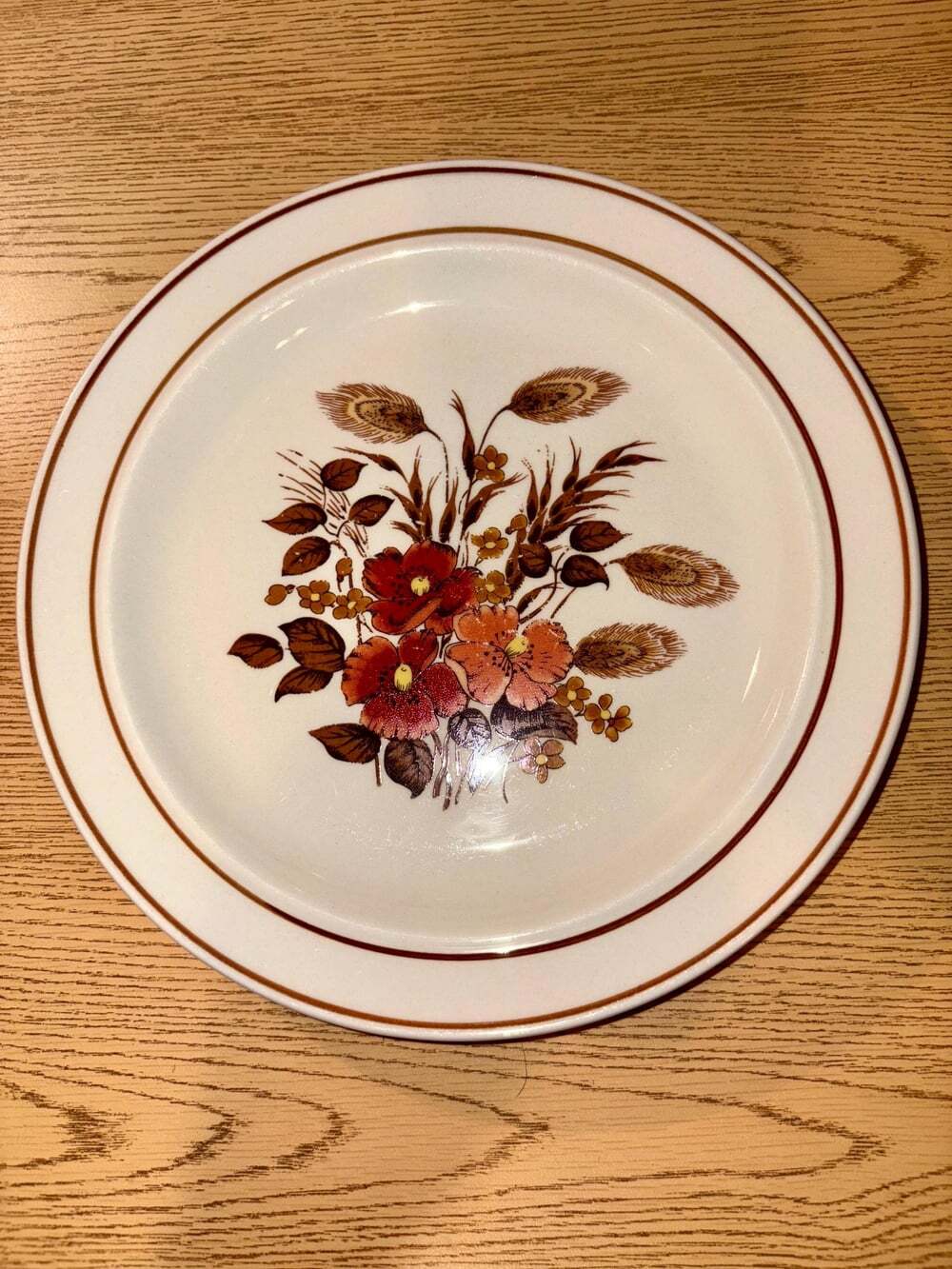 Vintage 1970s MCM Stoneware Plate – 7" Autumn Floral with Double Brown Rim